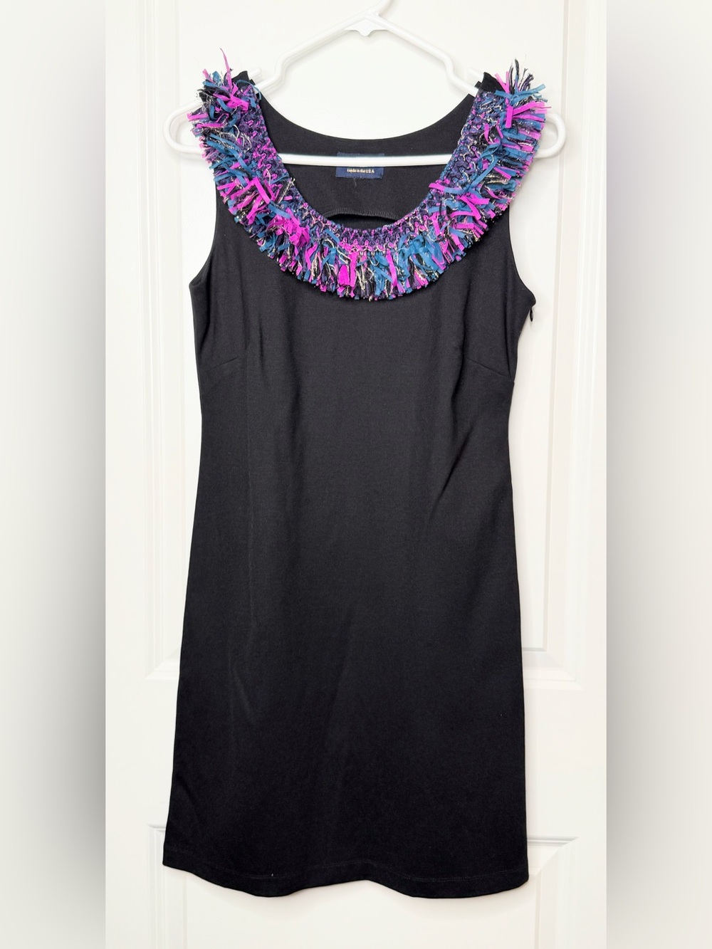 Buckley K Black Sleeveless Dress Fringe Collar Made USA 34” Statement